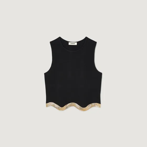 Áo len dáng crop phối dây xích 1 Đen