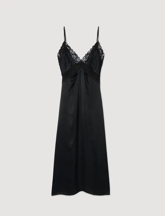 Đầm dài maxi satin phối ren 34 Đen