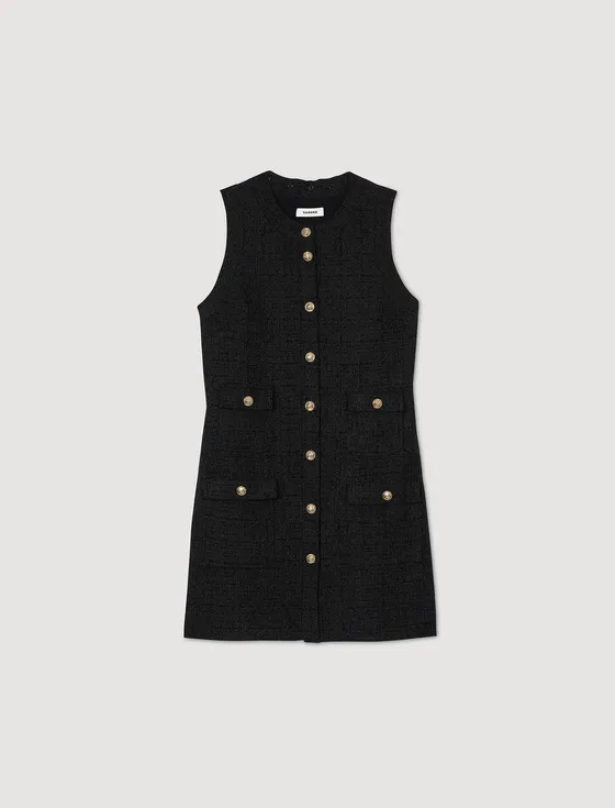 Đầm ngắn tweed phối khuy 36 Đen
