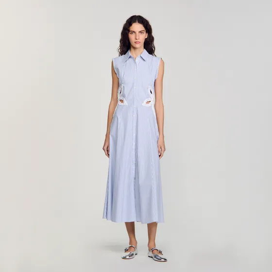 Đầm maxi thêu sọc 38 Xanh da trời