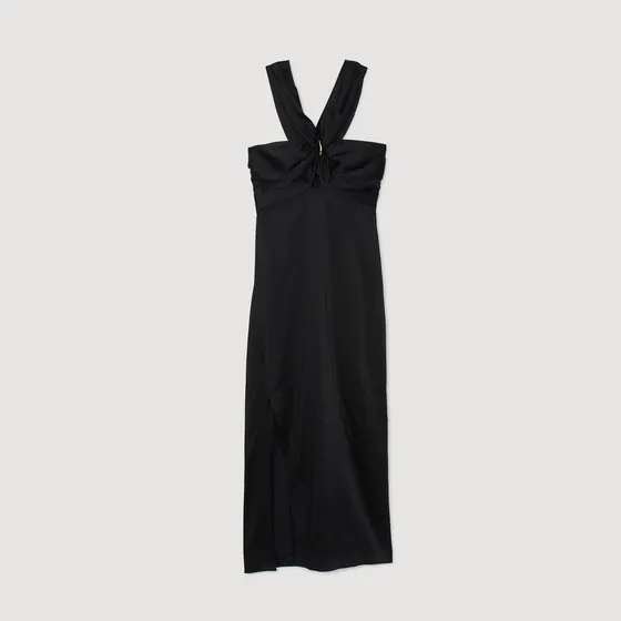Đầm maxi satin xẻ tà 36 Đen