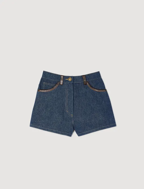 Quần short denim phối da 38 Xanh dương