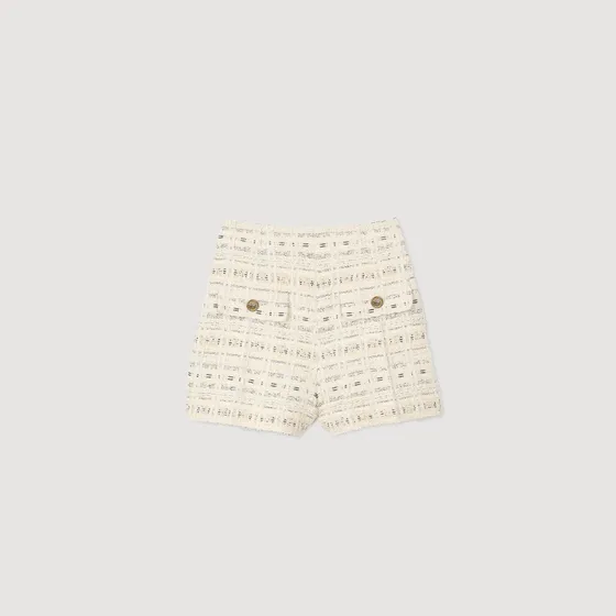 Quần short vải tweed phối khuy 38 Trắng Ecru