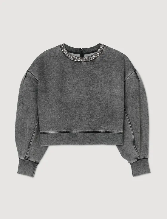 Áo nỉ len dáng crop đính đá 310 Xám