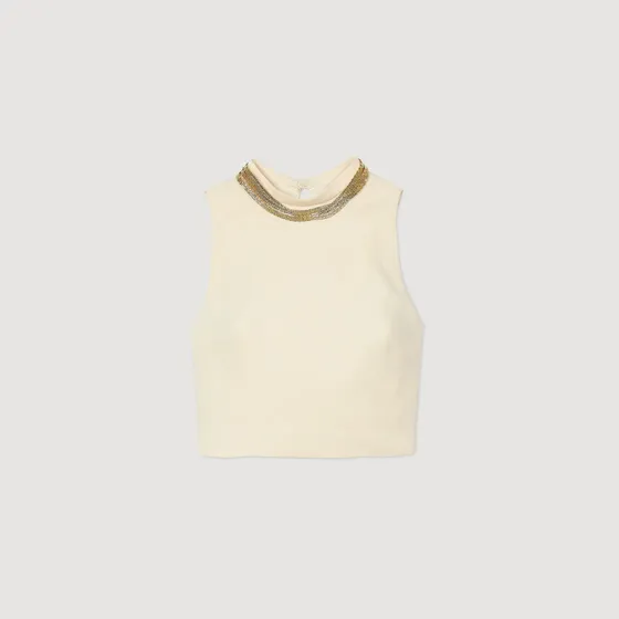 Áo dệt kim dáng crop phối vòng cổ 2 Trắng Ecru