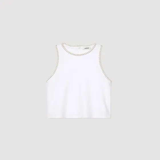 Áo dáng crop đính cườm 2 Trắng Ecru
