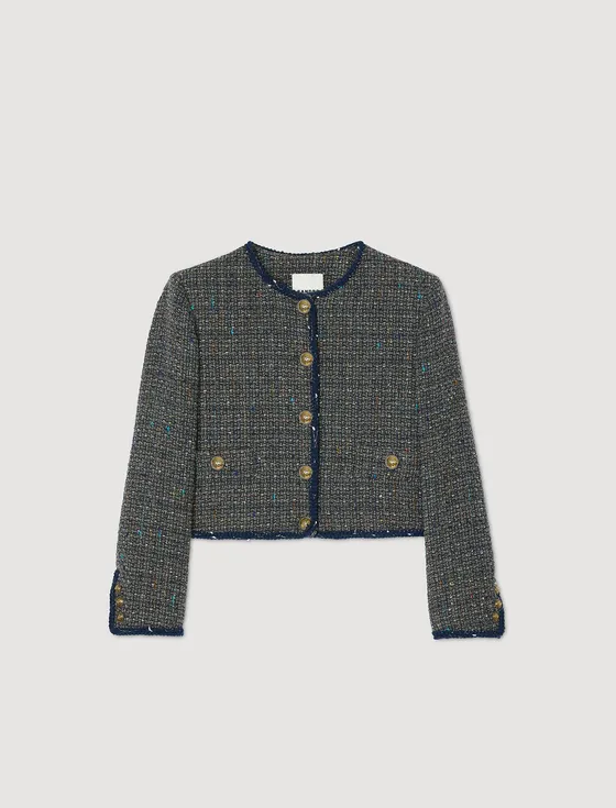 Áo khoác dạ tweed dáng crop 34 Xám