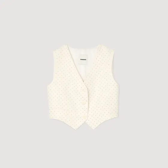 Áo khoác vải tweed đính đá 38 Trắng Ecru