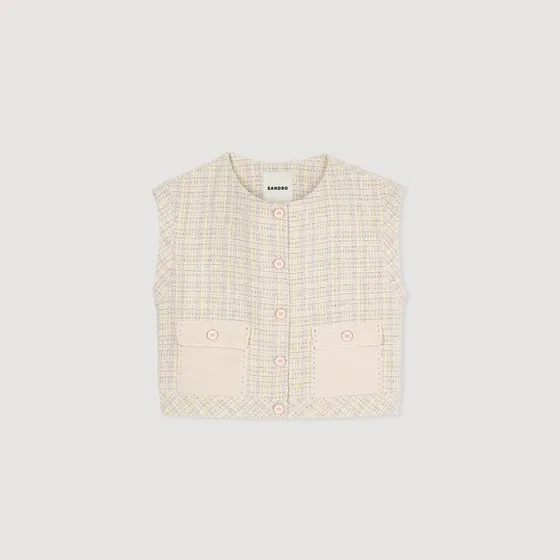 Áo khoác vải tweed phối khuy 38 Trắng Ecru