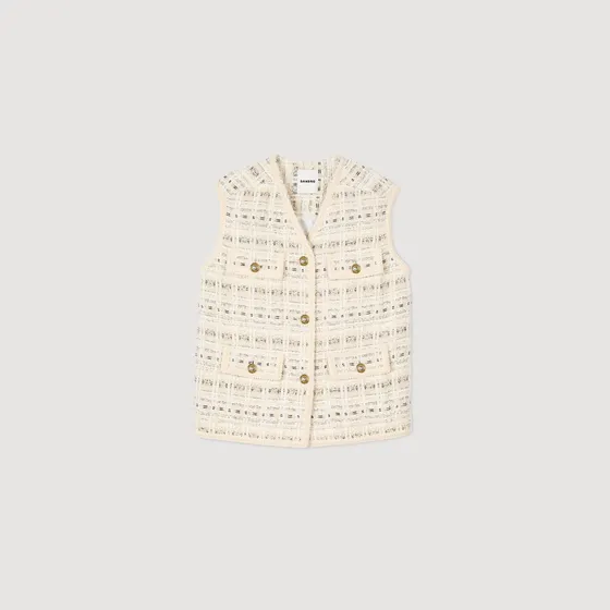 Áo khoác vải tweed không tay 36 Trắng Ecru
