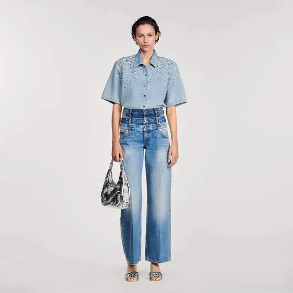 Quần jean triple waistband 34 Xanh denim