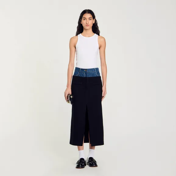 Chân váy denim phối tweed 34 Đen