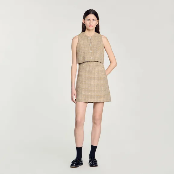 Đầm ngắn tweed không tay 34 Camel