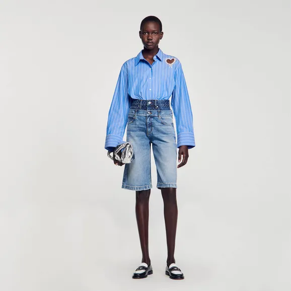Quần short denim bermuda cạp đôi 34 Xanh denim