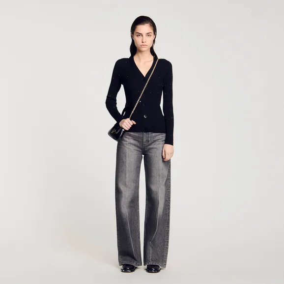Áo cardigan dệt kim đính đá 310 Đen