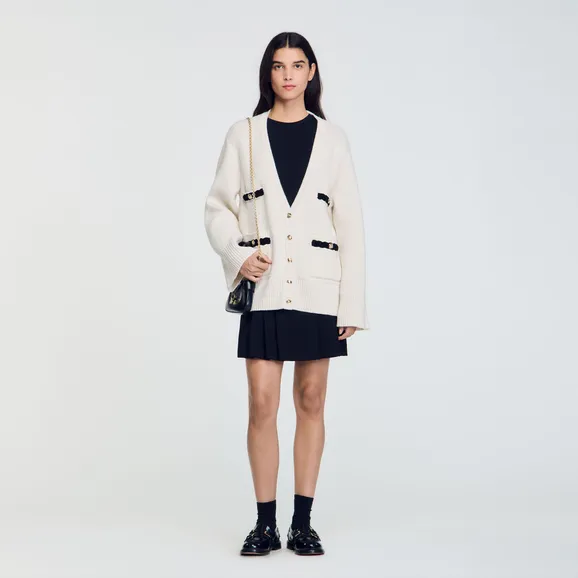 Áo cardigan len cổ V dáng dài 310 Trắng Ecru