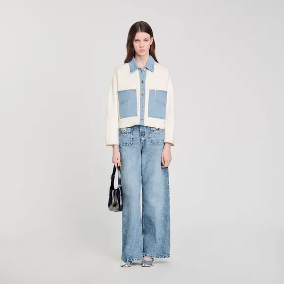 Áo cardigan phối denim 2 Trắng Ecru