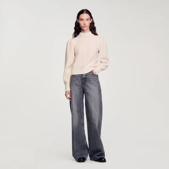 Áo len cashmere đính cườm 1 Trắng Ecru