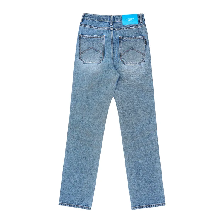 Quần Denim Ống Suông Destroyed Washing Xanh Dương