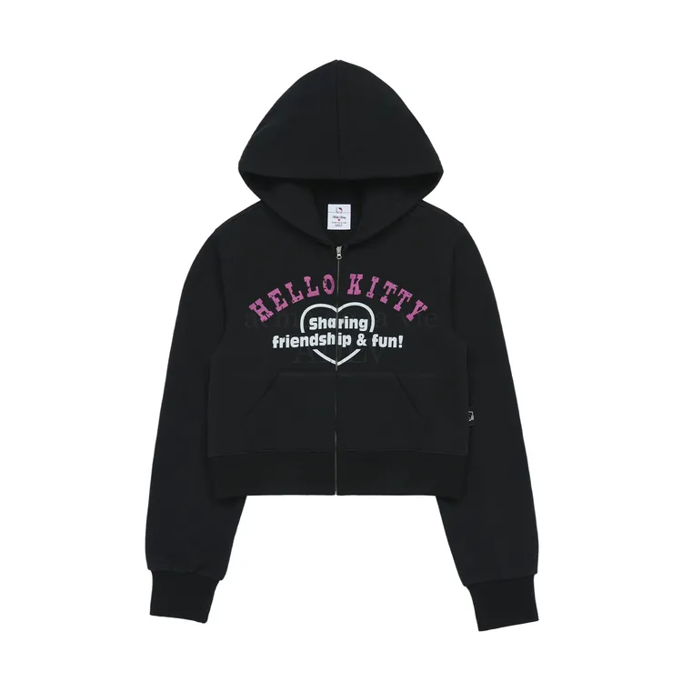 Áo Hoodie Kéo Khóa Crop ADLV Hello Kitty Lettering Đen