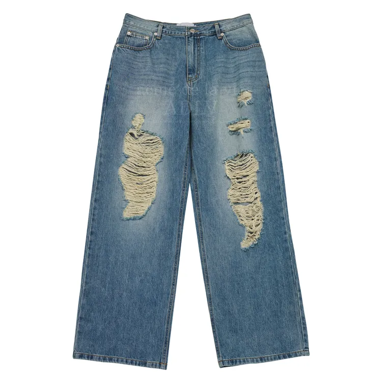 Quần Denim Wide Mài Rách Xanh Dương