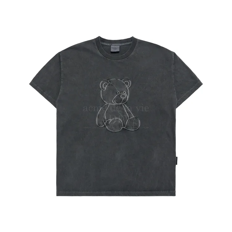 Áo Thun Bear Applique Pigment Washing Than Chì