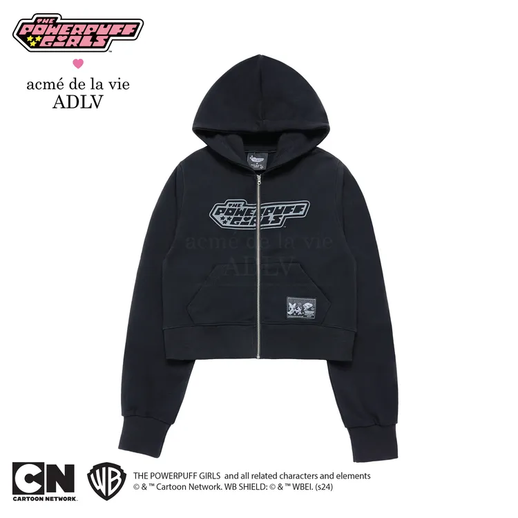 [The Powerpuff Girls X Acmedelavie] Áo Hoodie Kéo Khóa Heart Cut-Out Logo Crop Đen