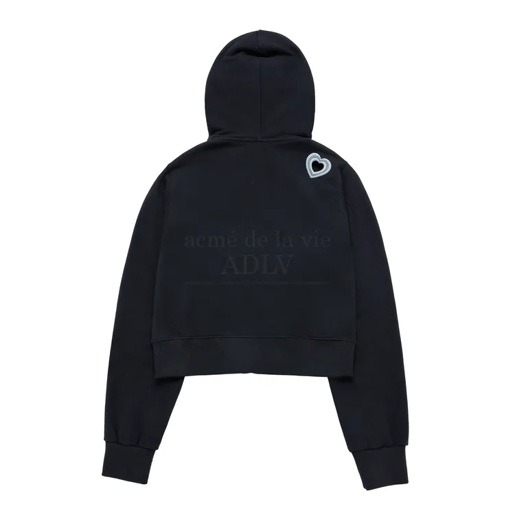 [The Powerpuff Girls X Acmedelavie] Áo Hoodie Kéo Khóa Heart Cut-Out Logo Crop Đen