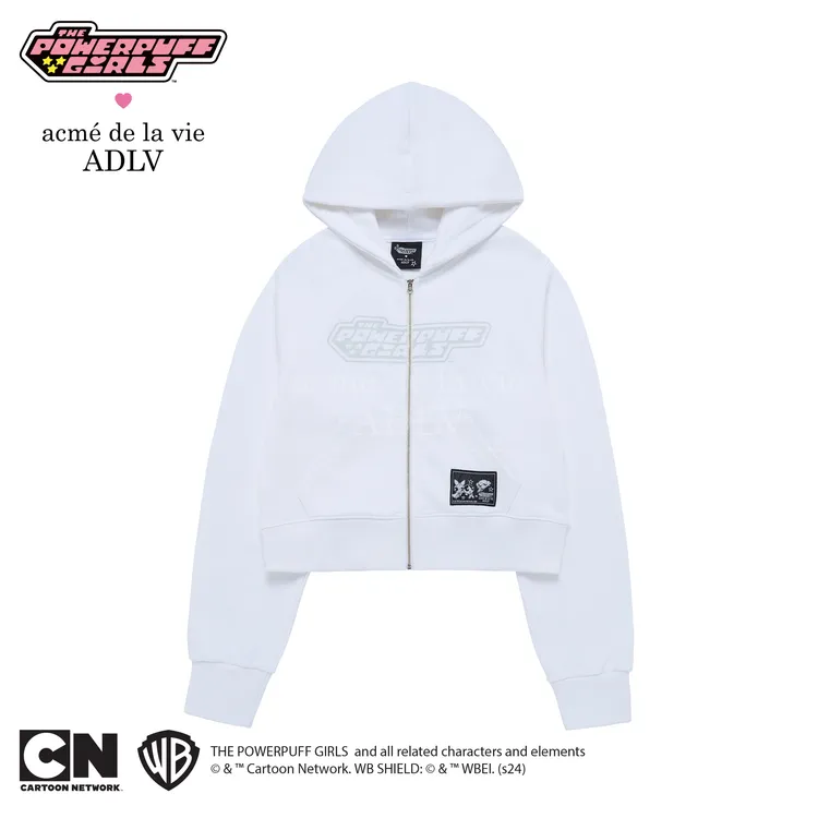 [The Powerpuff Girls X Acmedelavie] Áo Hoodie Kéo Khóa Heart Cut-Out Logo Crop Trắng