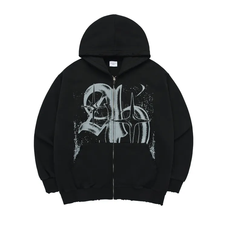 Áo Hoodie Kéo Khóa Vintage Symbol Destroyed Washing Đen