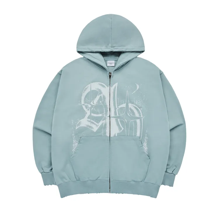 Áo Hoodie Kéo Khóa Vintage Symbol Destroyed Washing Xanh Mint