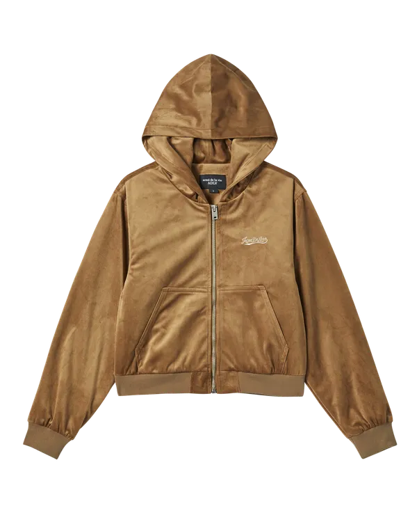 Áo Hoodie kéo khóa nữ Velvet Nâu