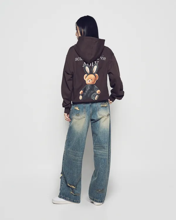 &Aacute;o Hoodie RABBIT BEAR DOLL LOGO N&acirc;u đậm