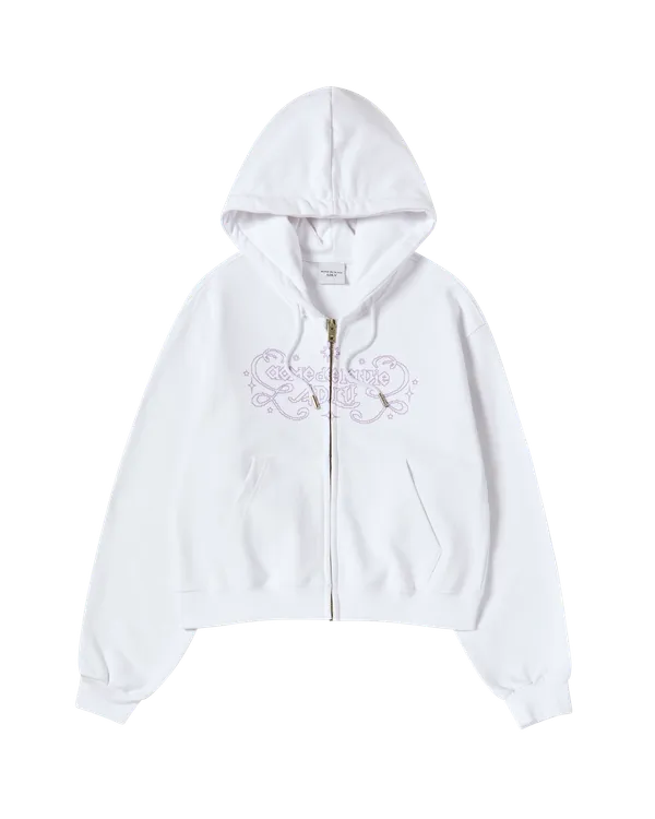 Áo Hoodie nữ crop kéo khóa Princess Font Trắng