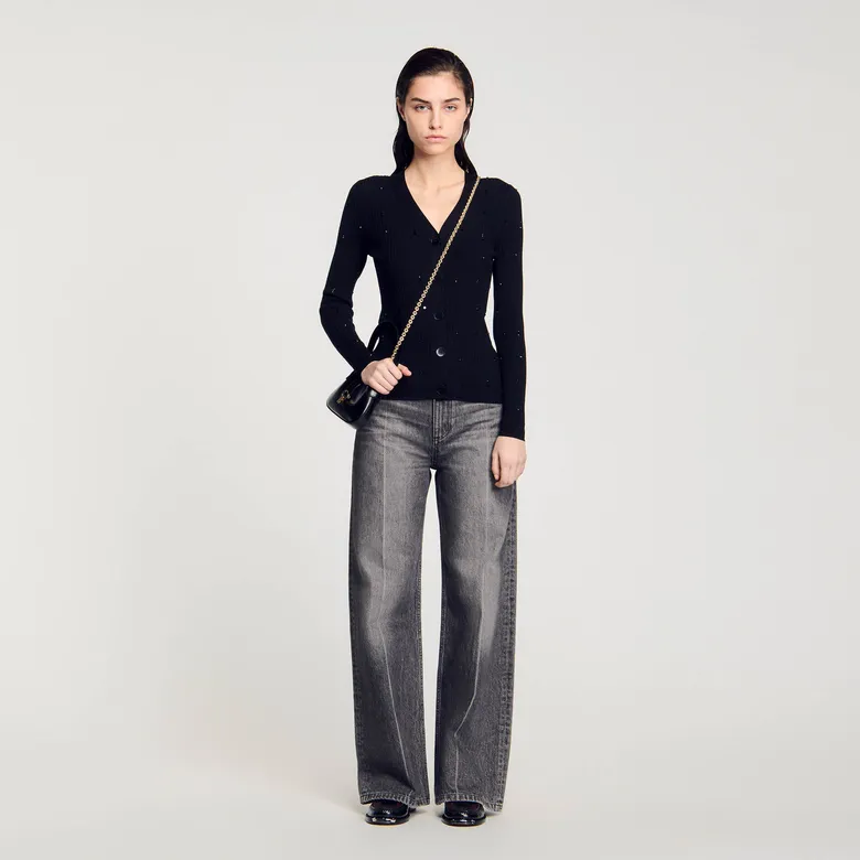Áo cardigan dệt kim đính đá 1 Trắng Ecru
