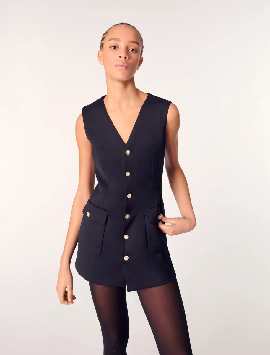 Jumpsuit giả váy khuy đá vải len dạ pha