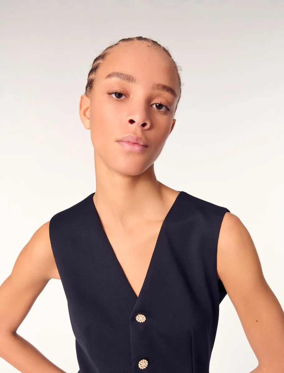 Jumpsuit giả váy khuy đá vải len dạ pha
