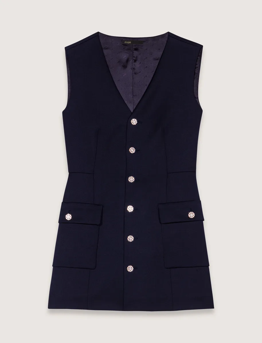 Jumpsuit giả váy khuy đá vải len dạ pha