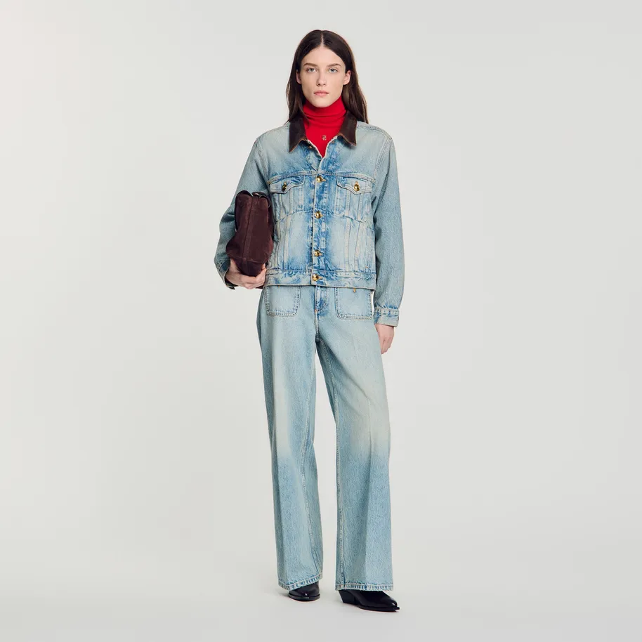 Áo khoác denim cổ da