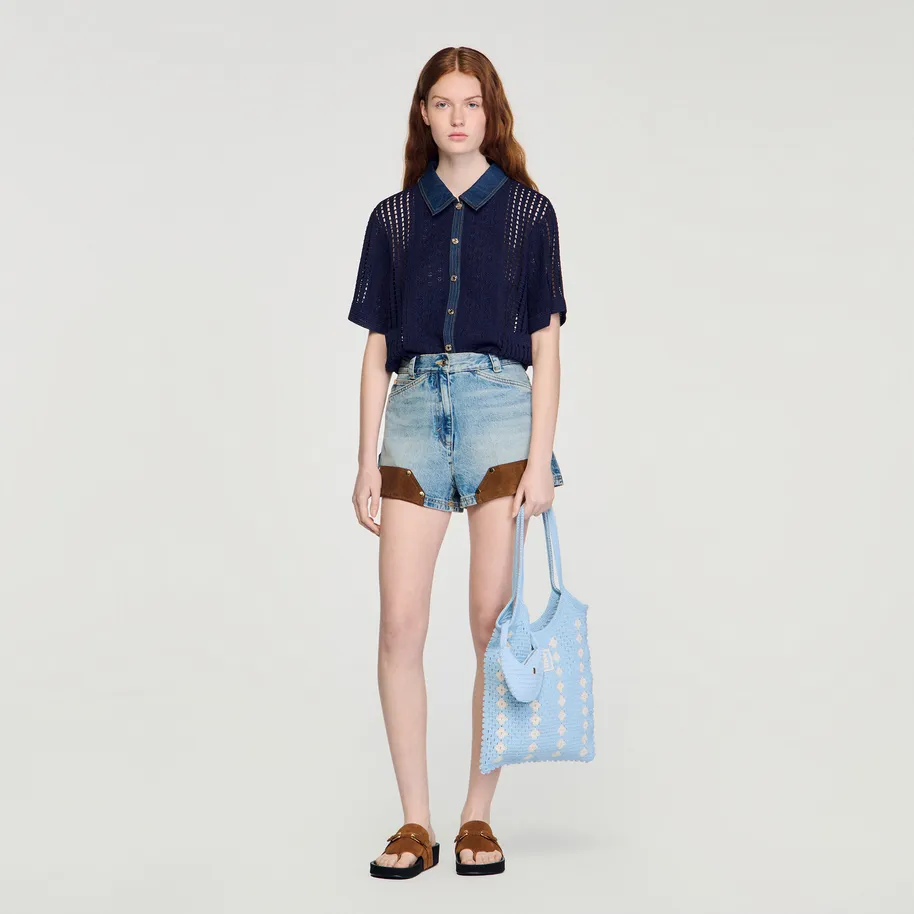 Áo khoác cardigan crochet phối denim
