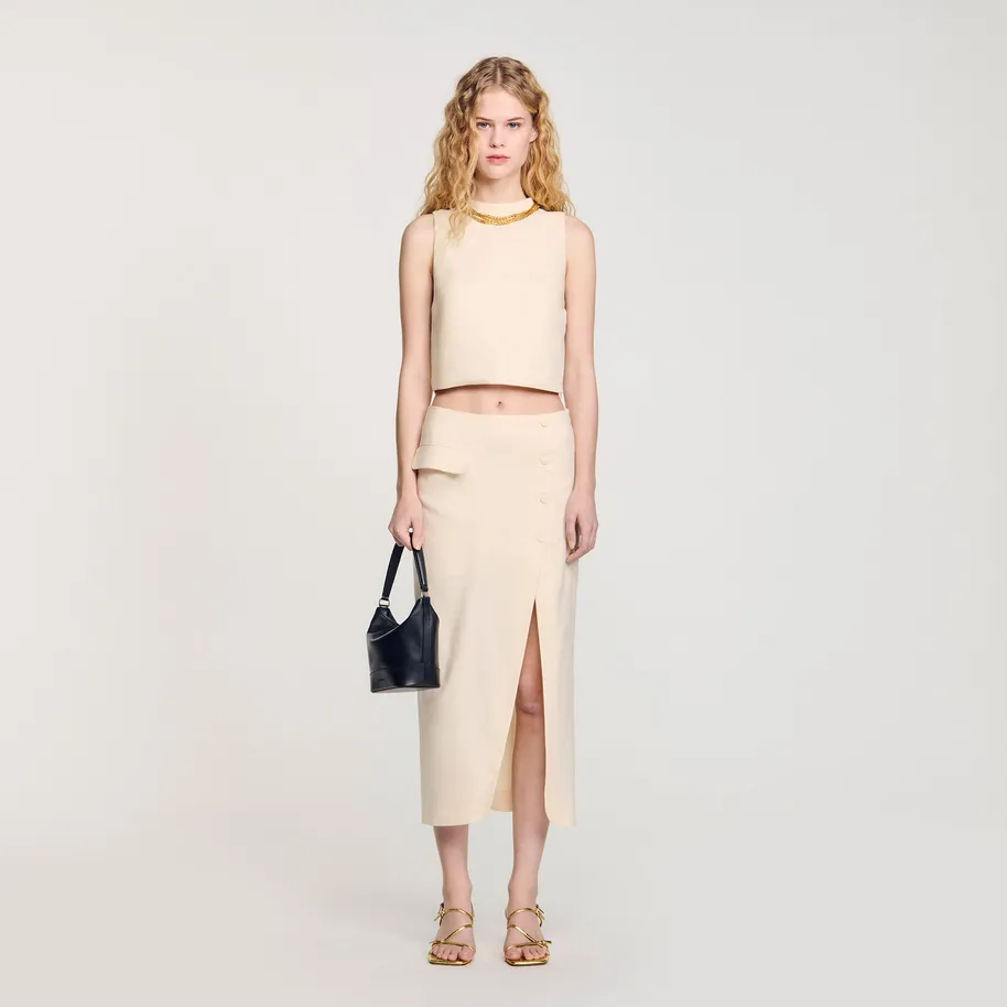 Áo dệt kim dáng crop phối vòng cổ