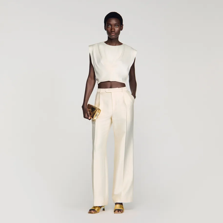 Áo croptop satin xếp ly