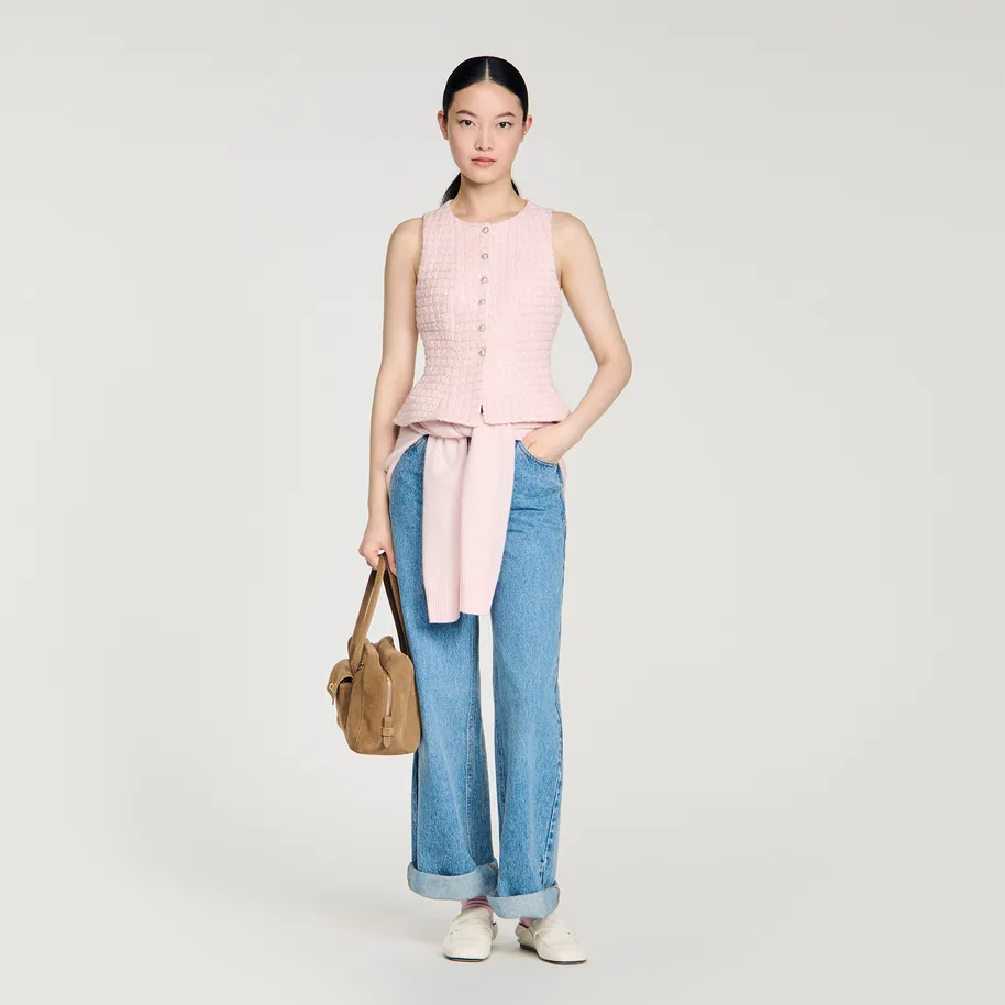 Áo vest vải tweed kẻ caro đính hạt